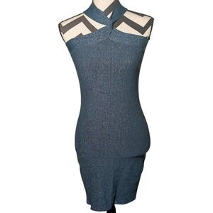 Sincerely Jules Blue Green Metallic Ribbed Knit Halter Mini Dress S Y2K Bodycon